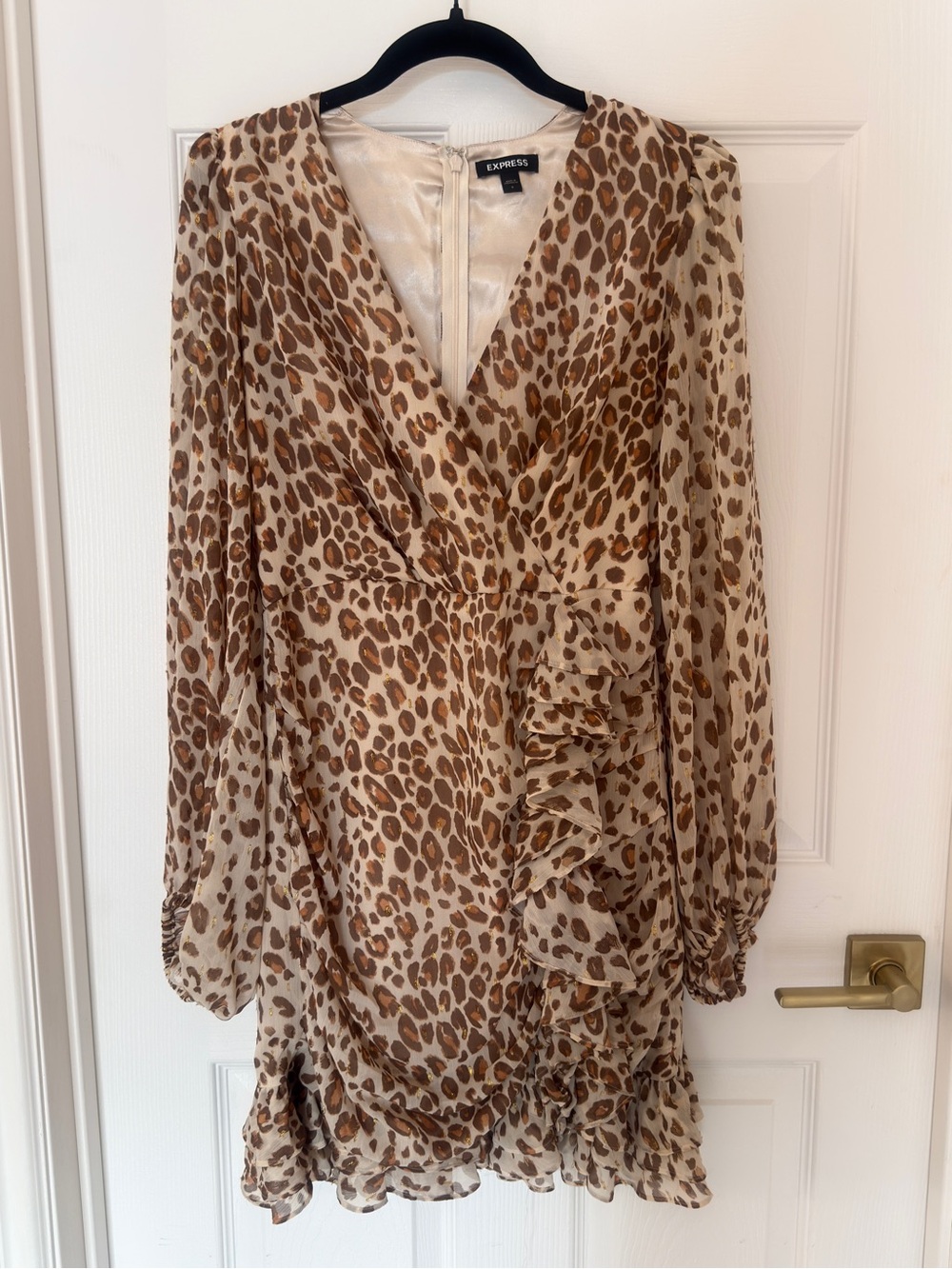 Express Women's Brown Leopard Print Ruffle Wrap Dress, Size Small